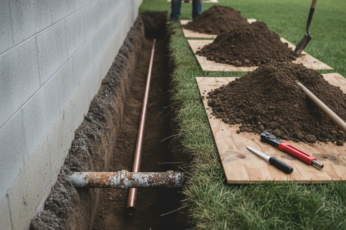 Excavated water line trench during Water Softener Installation in Port Isabel
